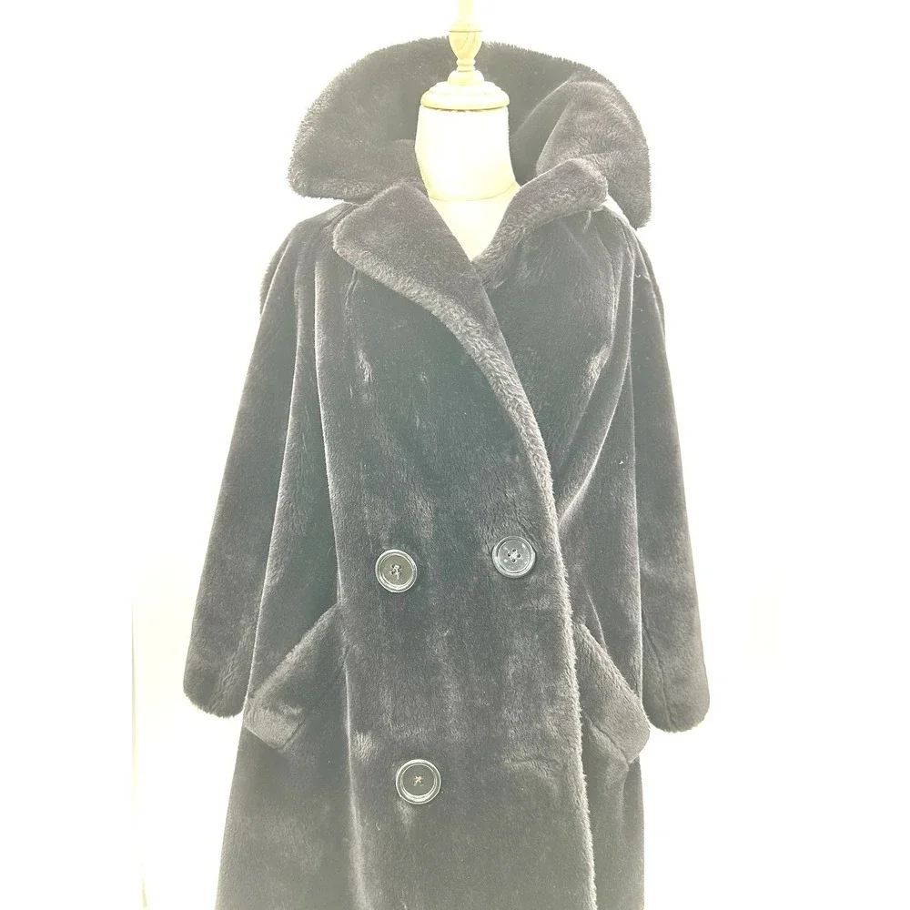 Vintage 50s Borgana by Fairmoor Lined Black Teddy Faux‎ Fur Trench Coat Womens L